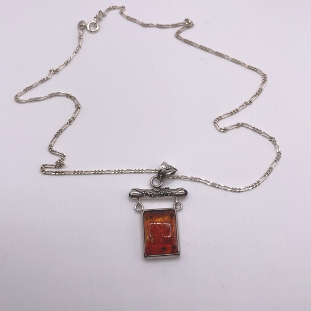 Signed LB Lori Bonn Sterling Silver Baltic Amber Pendant Necklace AZ 925 Italy - Picture 5 of 15